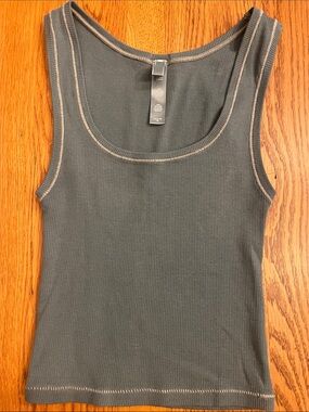 SKIMS Ribbed Scoop Tank Top - Olive Green with Cream Stitching